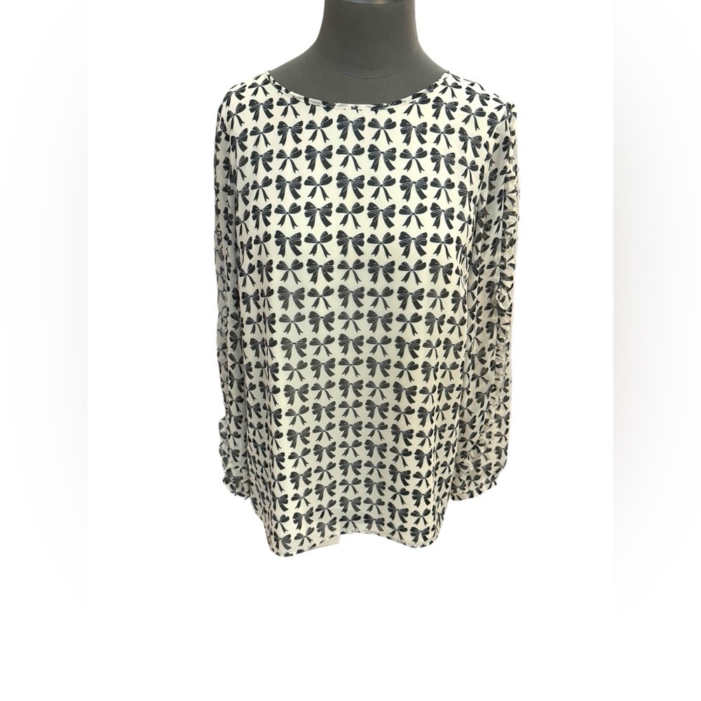 Talbots Bow Patterned Blouse White Black Long Sle… - image 1